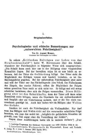 65-81, Psychologische und ethische Bemerkungen zur "unbewuſsten Fahrlässigkeit"