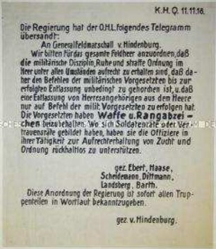 Maueranschlag aus der Zeit der Novemberrevolution in Deutschland mit dem Text des Telegrammes der Revolutionsregierung an die Oberste Heeresleitung
