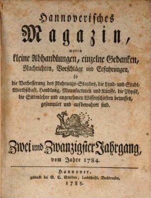 Hannoverisches Magazin. 22. 1784