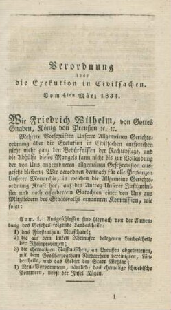 Verordnung über die Exekution in Civilsachen. Vom 4ten März 1834