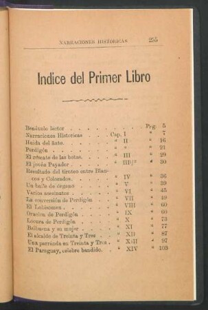 Índice del primer libro