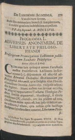 Programma L. Adversus Anonymum, De Libertate Philosophandi