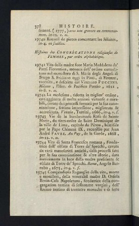 378-379, Histoires des Congrégations religieuses de Femmes, par ordre alphabétique
