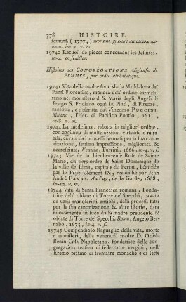 378-379, Histoires des Congrégations religieuses de Femmes, par ordre alphabétique