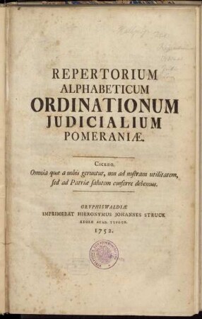 Repertorium Alphabeticum Ordinationum Judicialium Pomeraniæ