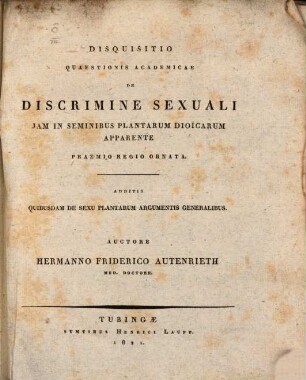 Disquisitio quaestionis acad. de discrimine sexuali iam in seminibus plantarum dioicarum apparente