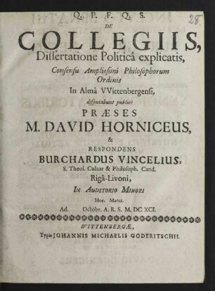 De Collegiis, Dissertatione Politica explicatis