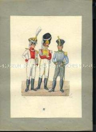 Uniformdarstellung, Grenadier-Offizier vom Infanterie-Regiment Kurfürst, Offizier der Leib-Grenadier-Garde in Gala, Musik-Offizier vom Infanterie-Regiment Prinz Friedrich August in Dienstuniform, Sachsen, 1810/1811. Veränderte Kopie aus: Abbildung der neu organisierten Königlich-Sächsischen Armee.