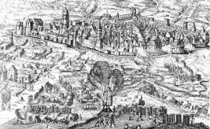 Leipzig. Stadtansicht während der Belagerung 1547 mit brennender Bockmühle, aus: Benndorf, Paul: Hundert Bilder zur Geschichte Leipzigs, 1909