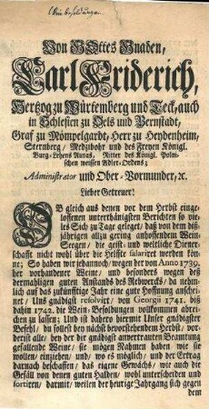 Dekret von Herzog Carl Friedrich II über die Weinbesoldung