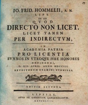 Io. Frid. Hommelii ... De Eo, Qvod Directo Non Licet, Licet Tamen Per Indirectvm : ... anno MDCCIII. eruditorum examini submissa