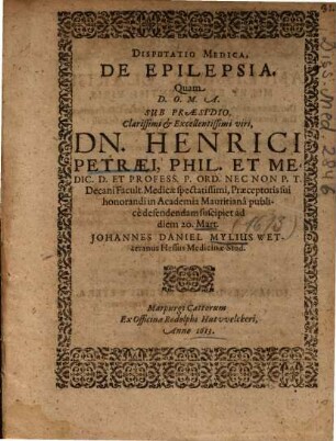 Disputatio Medica, De Epilepsia