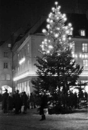 Freiburg: Weihnachtsbaum am Bertoldsbrunnen, Hintergrund Fabel-Haus