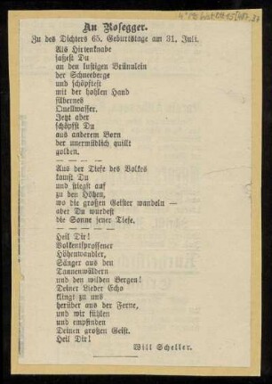 Brief von Will Scheller an Peter Rosegger
