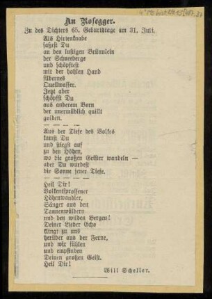 Brief von Will Scheller an Peter Rosegger