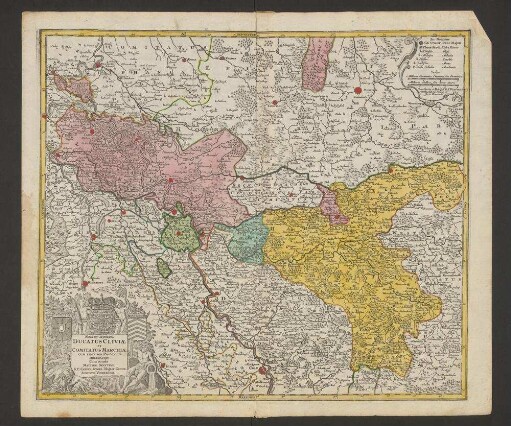 Nova Et Accurata Ducatus Cliviae Et Comitatus Marchiae Cum Finitimis Provinciis Delineatio : Cum Gratia et Privil. S. R. I. Vicariatus in partibus Rheni, Sueviae et Iuris Franconici