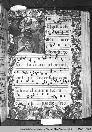 Antiphonar D : Folio mit Bordürenrahmen, vierlinigen Neumen und historisierter Initiale A mit der Auferstehung Christi