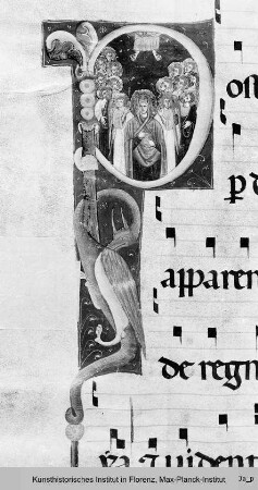 Antiphonar : Textseite mit vierzeiligen Neumen und historisierter Initiale (P): Himmelfahrt Christi