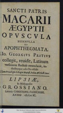 Sancti Patris Macarii Aegyptii Opvscvla Nonnvlla Et Apophthegmata