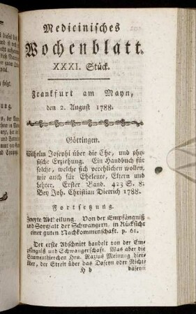 XXXI. Stück. Frankfurt am Mayn, den 2. August 1788. - XXXV. Stück. Frankfurt am Mayn, den 30. August 1788.