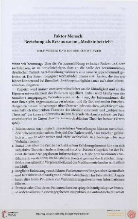 Rolf Verres and Jochen Schweitzer: Faktor Mensch: Beziehung als Ressource im „Medizinbetrieb“