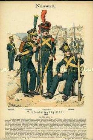 Uniformdarstellung, Offizier, Voltigeur, Grenadier und Füsilier des 2. Infanterie-Regiments, Herzogtum Nassau, 1810.