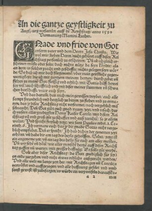 An die gantze geystligkeit zu Augspurg versamlet auff den Reychßtag/ anno 1530 Vermanung Martini Luther.