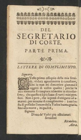De Segretario Di Corte, Parte Prima.