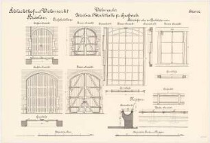 Schlachthof und Viehmarkt, Breslau Markthalle für Grossvieh: Details. Einfahrtstore: Grundrisse, Innen- und Außenansicht 1:25. Krippen: Aufsicht, Querschnitt, Ansicht 1:10. Schiebefenster der Dachlaternen: Grundrisse, Querschnitte, Innenansicht 1:10