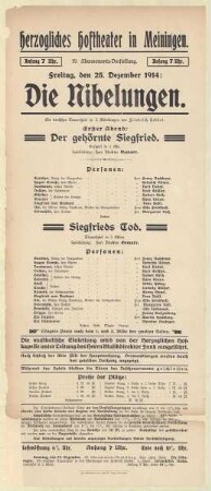 Theaterzettel zur Aufführung des Trauerspiels "Die Nibelungen. von Friedrich Hebbel" in der Spielzeit 1914/15 des Herzoglichen Hoftheaters in Meiningen.