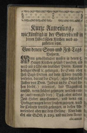 Kurze Anweisung, wie künftighin der Gottesdienst in denen Lübeckischen Kirchen wird anzustellen seyn.