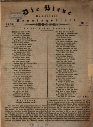 Die Biene : Bayerisches Sonntagsblatt. 1836