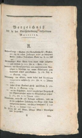 Verzeichniß der in der Gerichtsordnung enthaltenen Materien