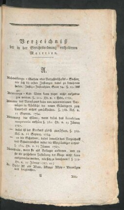 Verzeichniß der in der Gerichtsordnung enthaltenen Materien