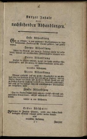 Kurzer Inhalt derer nachstehenden Abhandlungen.