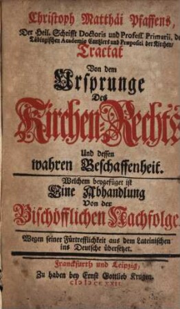 Tractat von dem Ursprunge des Kirchen-Rechts