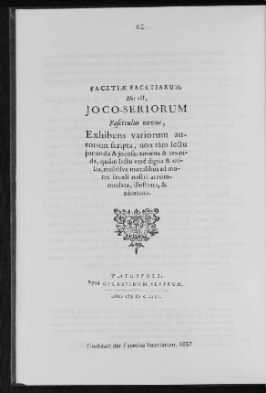 Titelblatt der Facatiae facetiarum, 1657