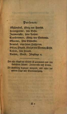 Inamorulla, oder Ossians Großmuth : ein Schauspiel in fünf Aufzügen nach Oßian