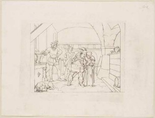 Zu Shakespeares "Die lustigen Weiber von Windsor", Blatt 5, 2. Akt, 2. Szene: Frau Hurtig nimmt Falstaff geheimnisvoll beiseite