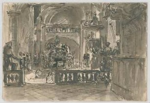 Bauernfeind, Gustav; Italien; Österreich; Schweiz; Studien- und Reiseskizzen - Hofkirche in Innsbruck mit Grabmal Kaiser Maximilians I. (Perspektive)