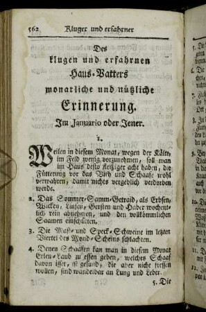 Des klugen und erfahrnen Haus-Vatters monatliche und nützliche Erinnerung.