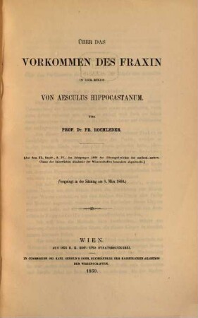 Über das Vorkommen des Fraxin in der Rinde von Aesculus Hippocastanum : vorgelegt in der Sitzung am 8. März 1860