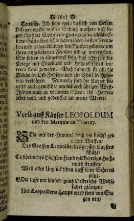 Verse auff Käyser Leopoldum und den Marquis de Villeroy. - Copie d´une lettre[...]
