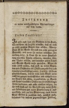 Zueigung an meine werthgeschätzten Weltmitbürger auf dem Lande.