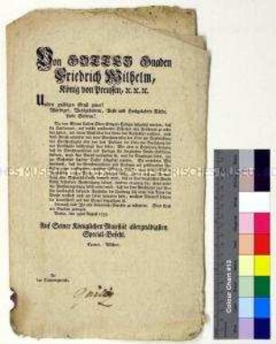 Spezialbefehl von Friedrich Wilhelm II. König von Preußen an das Kammergericht über die unentgeltliche Ausstellung von Attesten für pensionierte Offiziere