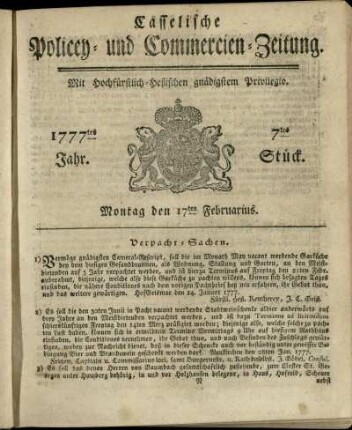 7tes Stueck, Montag den 17ten Februarius 1777