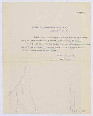 Schreiben an die Verlagsbuchhandlung von Beck, München (Brief)