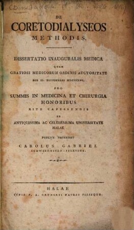 De Coretodialyseos Methodis : Dissertatio Inauguralis Medica