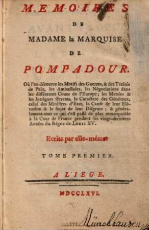 Memoires de Madame la Marquise de Pompadour. 1