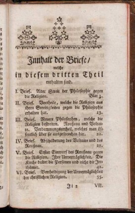 Innhalt der Briefe/ welche in diesem dritten Theil enthalten sind.
